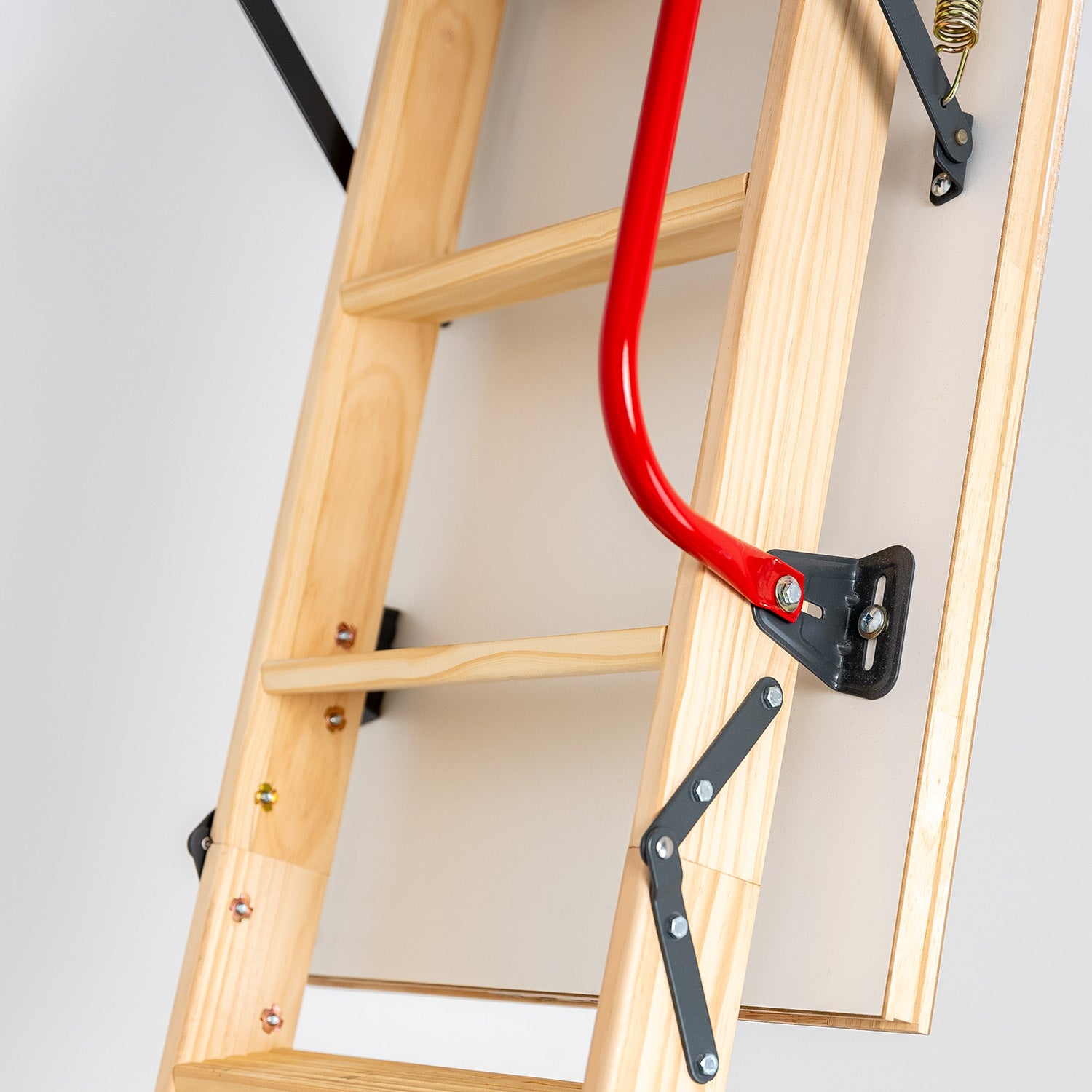 Deluxe Wooden 3 Section Folding Loft Ladder Closeup — Loft-Trac