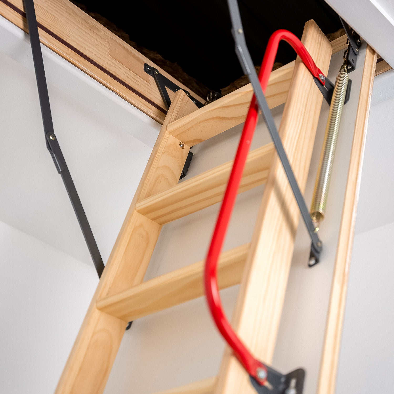 Deluxe Wooden 4 Section Folding Loft Ladder Closeup — Loft-Trac