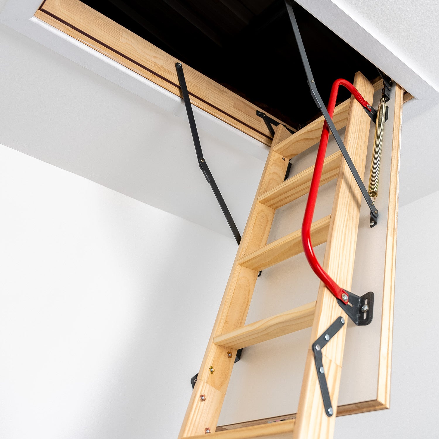 Deluxe Wooden 3 Section Folding Loft Ladder Closeup — Loft-Trac