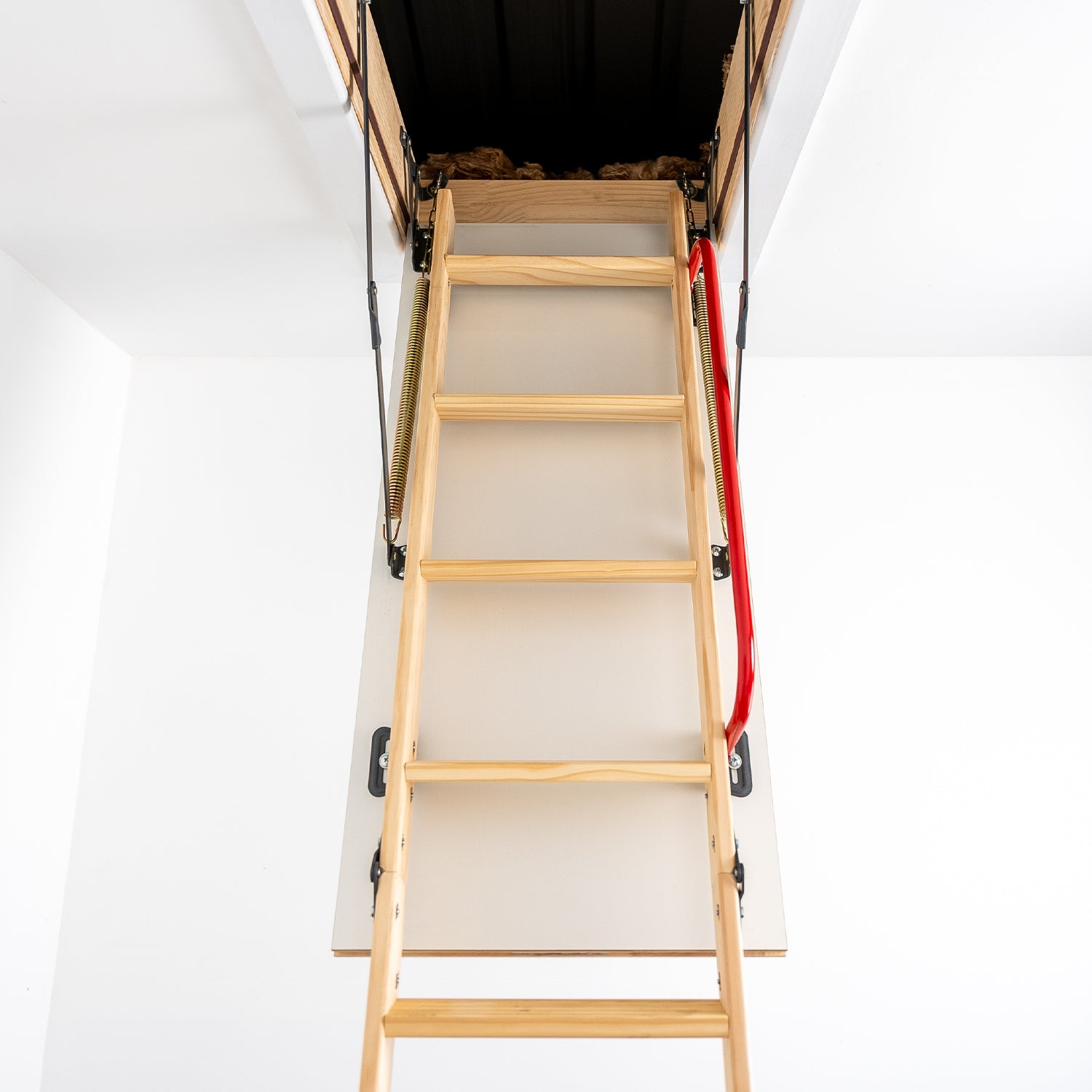 Deluxe Wooden 4 Section Folding Loft Ladder Closeup — Loft-Trac