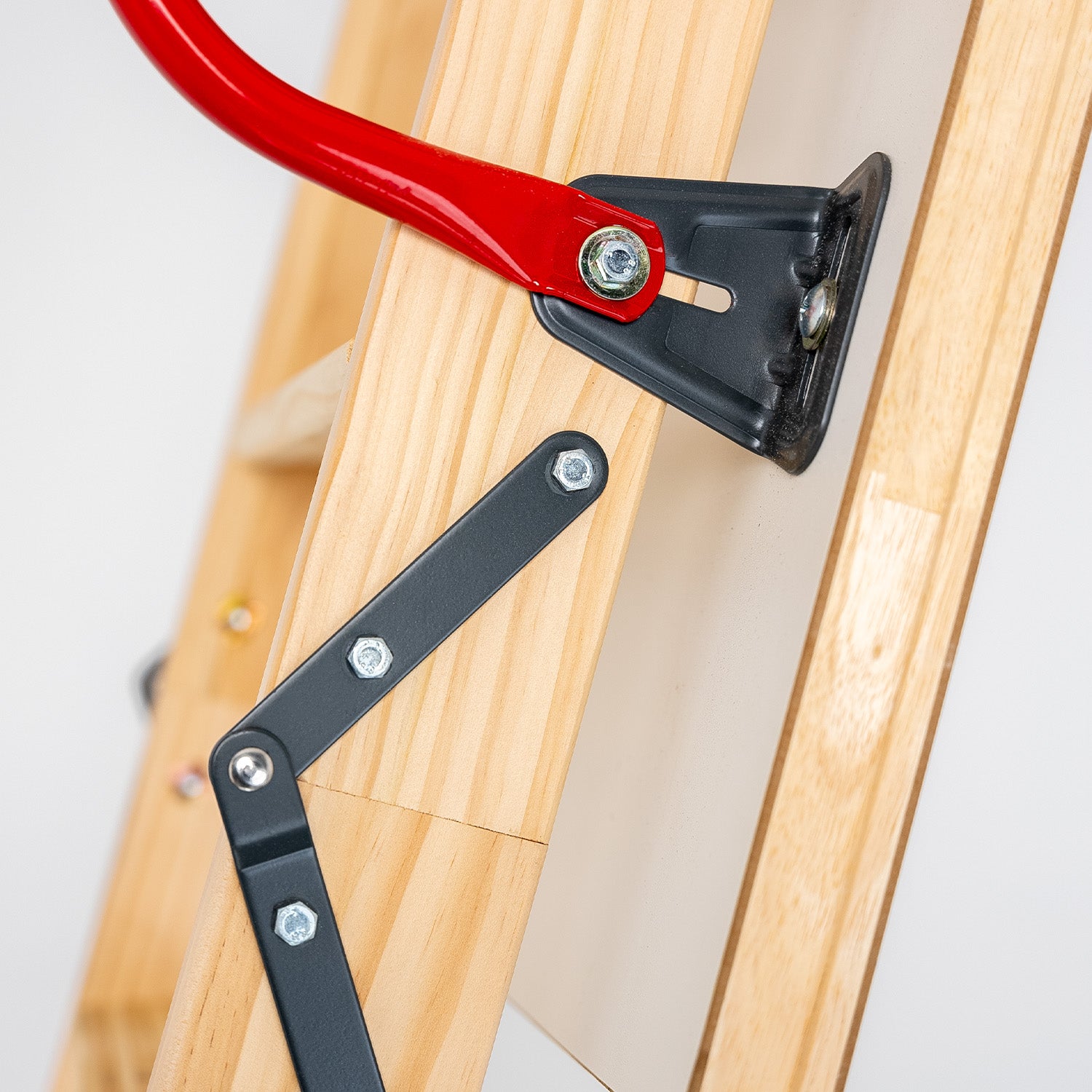 Deluxe Wooden 3 Section Folding Loft Ladder Closeup — Loft-Trac