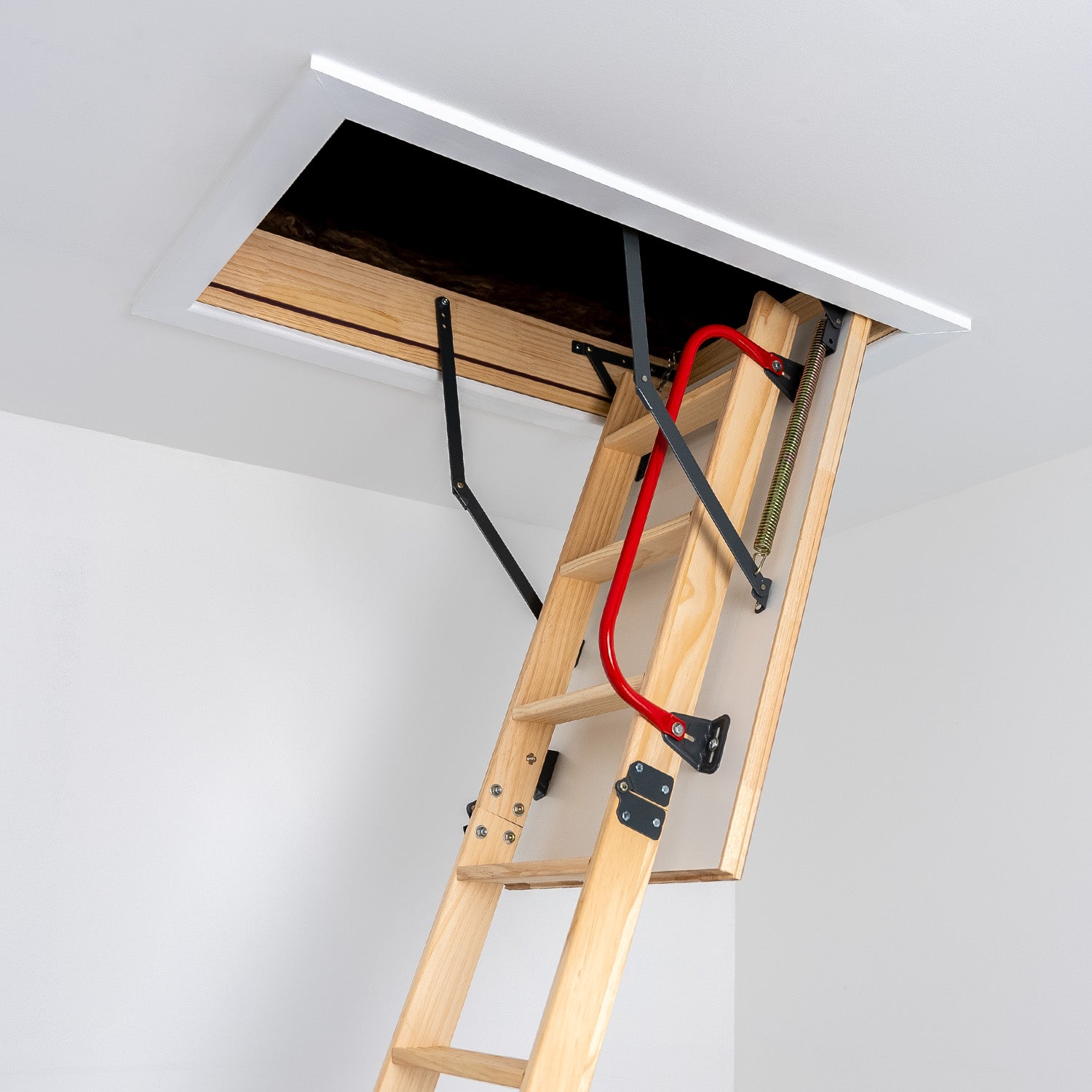 Deluxe Wooden 4 Section Folding Loft Ladder Closeup — Loft-Trac
