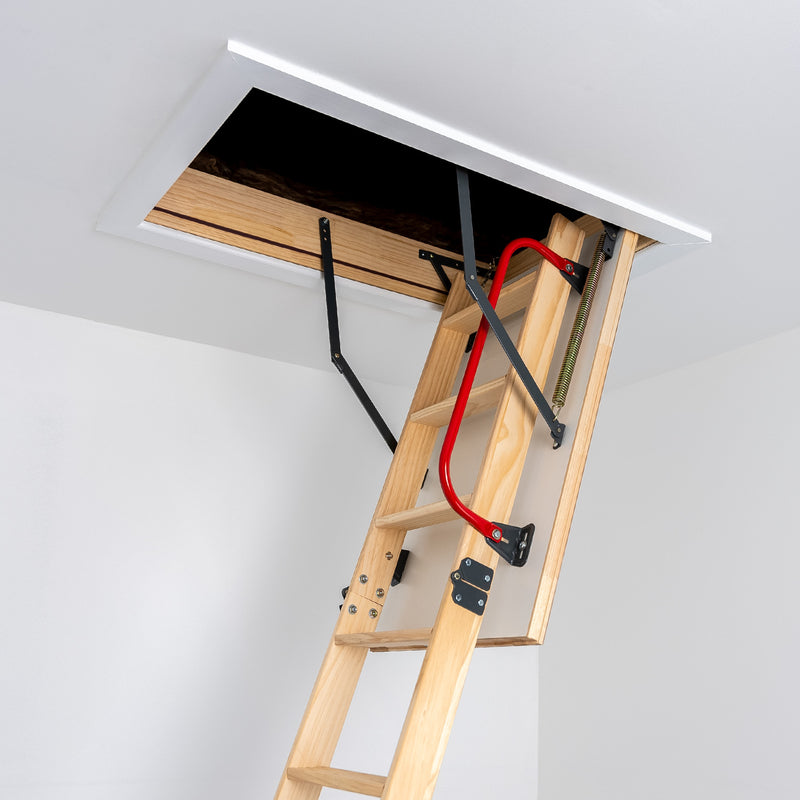 Deluxe Wooden 4 Section Folding Loft Ladder Closeup — Loft-Trac