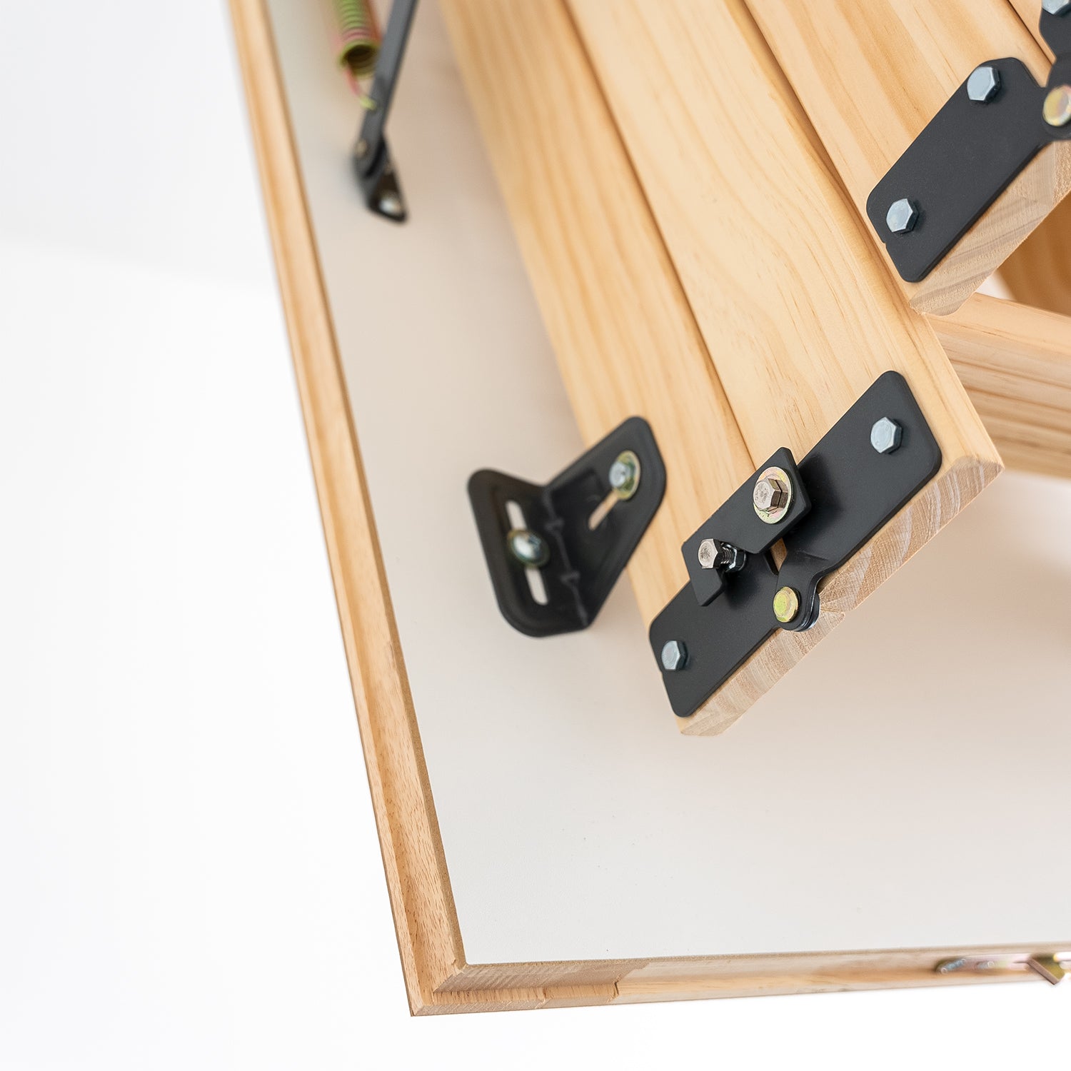 Deluxe Wooden 3 Section Folding Loft Ladder Closeup — Loft-Trac