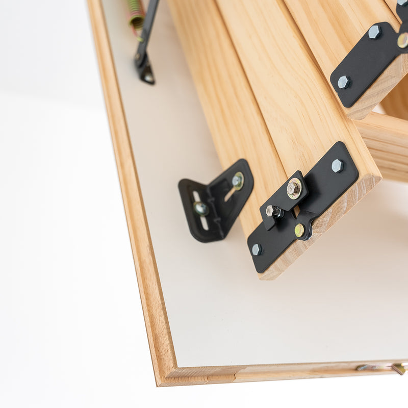 Deluxe Wooden 3 Section Folding Loft Ladder Closeup — Loft-Trac