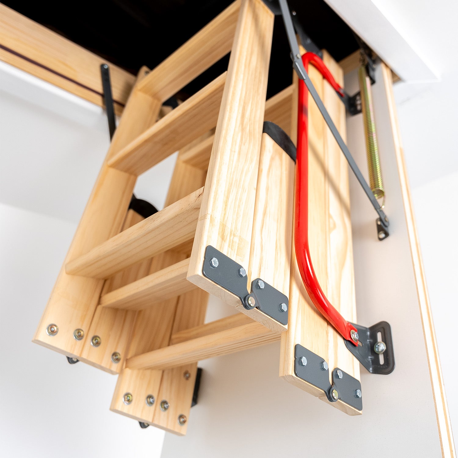 Deluxe Wooden 4 Section Folding Loft Ladder Closeup — Loft-Trac